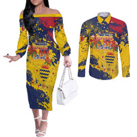Personalized Chad Republic Day Couples Matching Off The Shoulder Long Sleeve Dress and Long Sleeve Button Shirt Coat Of Arms - Grunge Style - Wonder Print Shop
