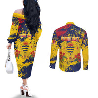 Personalized Chad Republic Day Couples Matching Off The Shoulder Long Sleeve Dress and Long Sleeve Button Shirt Coat Of Arms - Grunge Style - Wonder Print Shop