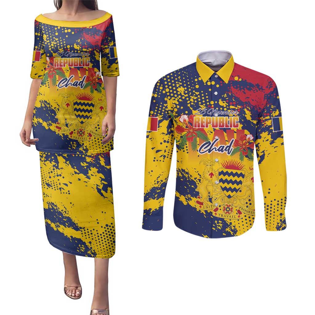 Personalized Chad Republic Day Couples Matching Puletasi and Long Sleeve Button Shirt Coat Of Arms - Grunge Style - Wonder Print Shop