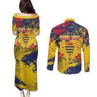 Personalized Chad Republic Day Couples Matching Puletasi and Long Sleeve Button Shirt Coat Of Arms - Grunge Style - Wonder Print Shop