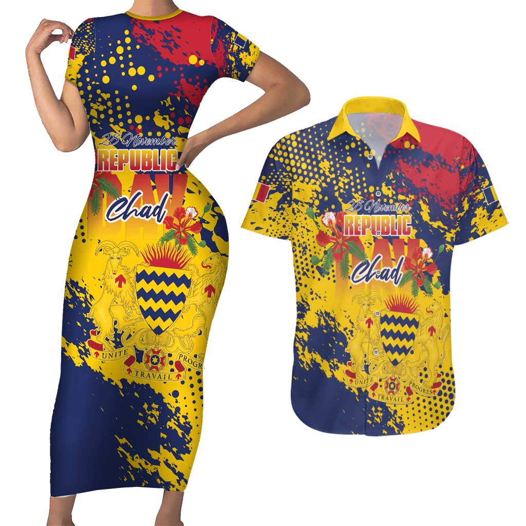 Personalized Chad Republic Day Couples Matching Short Sleeve Bodycon Dress and Hawaiian Shirt Coat Of Arms - Grunge Style - Wonder Print Shop