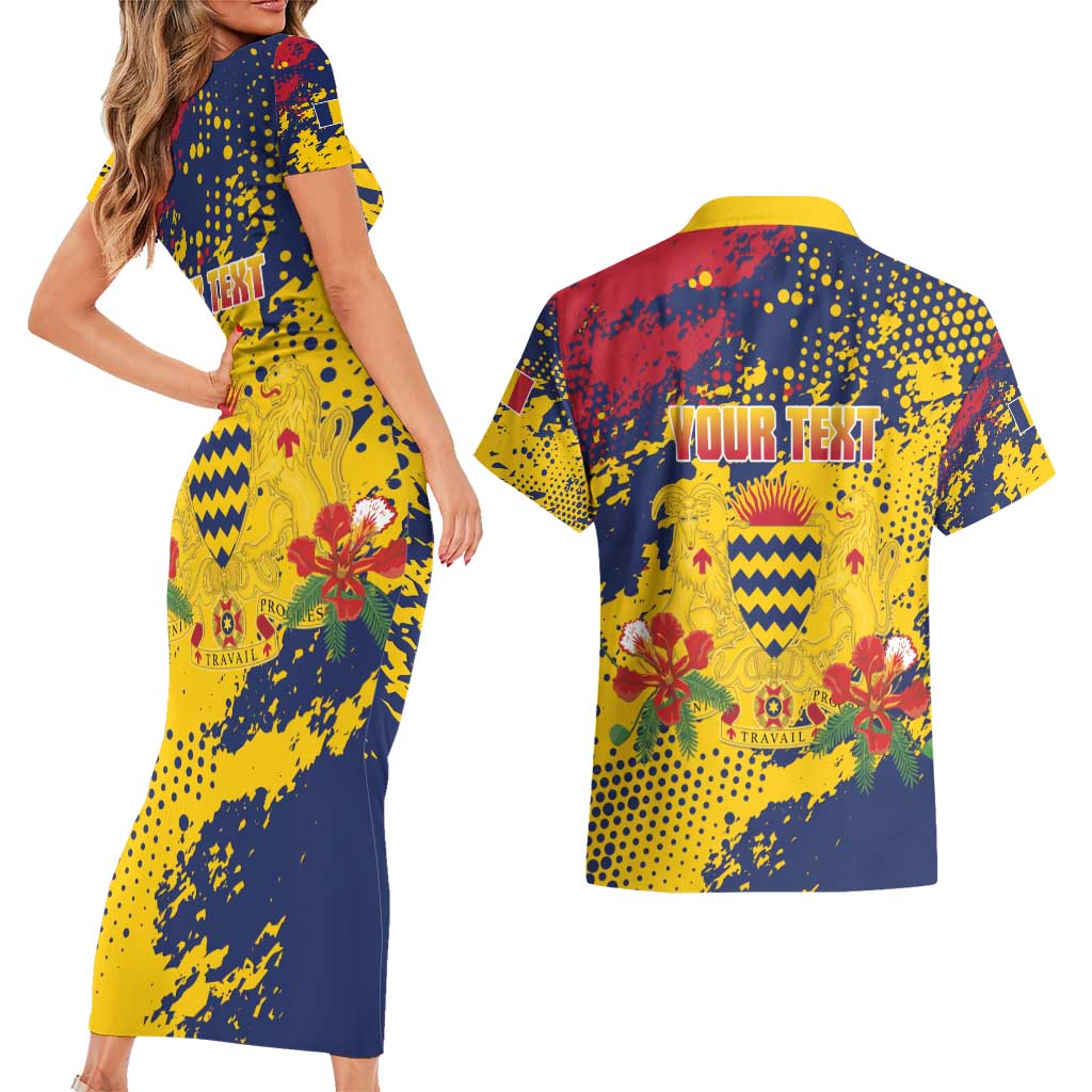 Personalized Chad Republic Day Couples Matching Short Sleeve Bodycon Dress and Hawaiian Shirt Coat Of Arms - Grunge Style - Wonder Print Shop