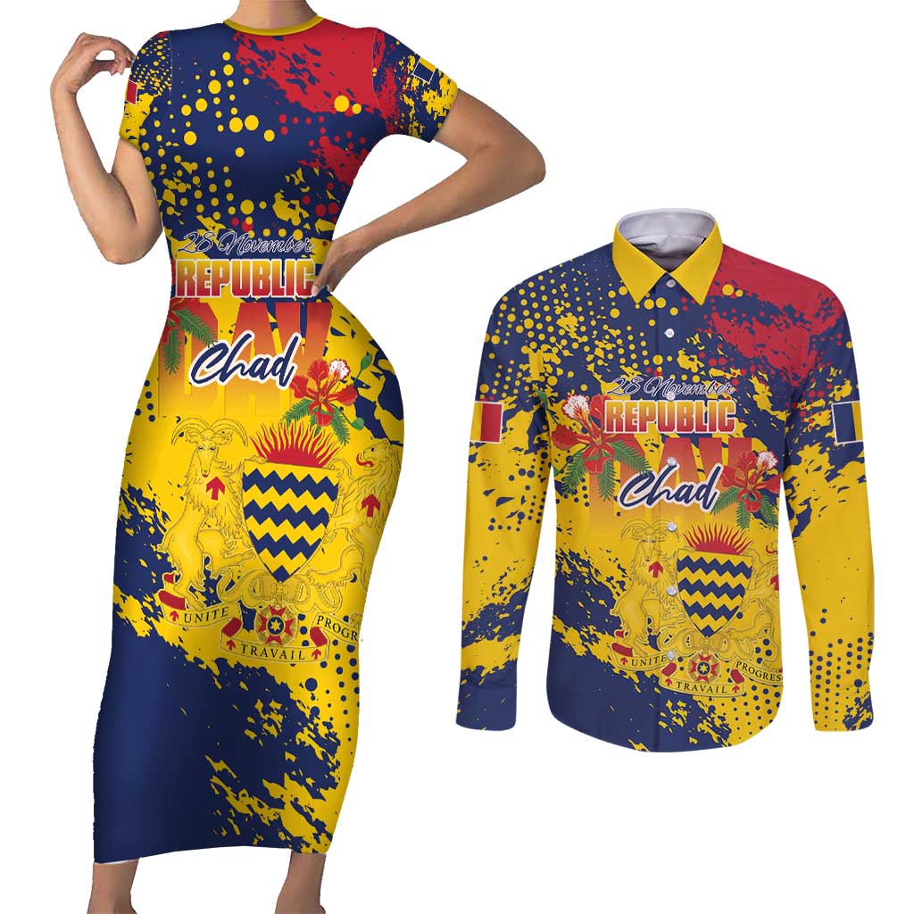 Personalized Chad Republic Day Couples Matching Short Sleeve Bodycon Dress and Long Sleeve Button Shirt Coat Of Arms - Grunge Style - Wonder Print Shop