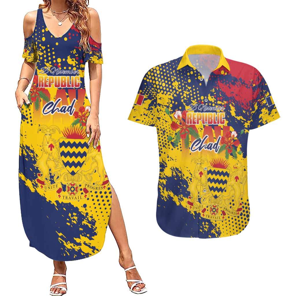 Personalized Chad Republic Day Couples Matching Summer Maxi Dress and Hawaiian Shirt Coat Of Arms - Grunge Style - Wonder Print Shop
