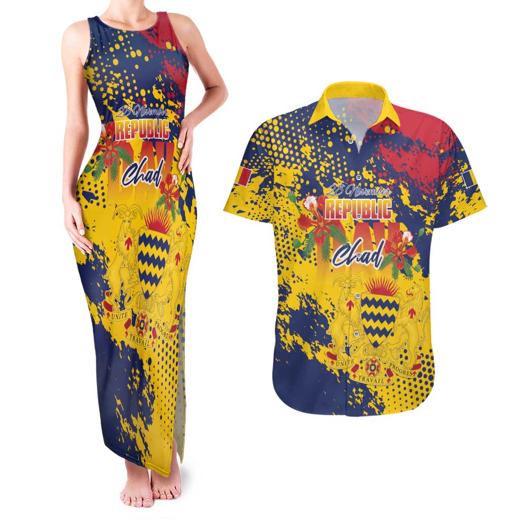 Personalized Chad Republic Day Couples Matching Tank Maxi Dress and Hawaiian Shirt Coat Of Arms - Grunge Style - Wonder Print Shop