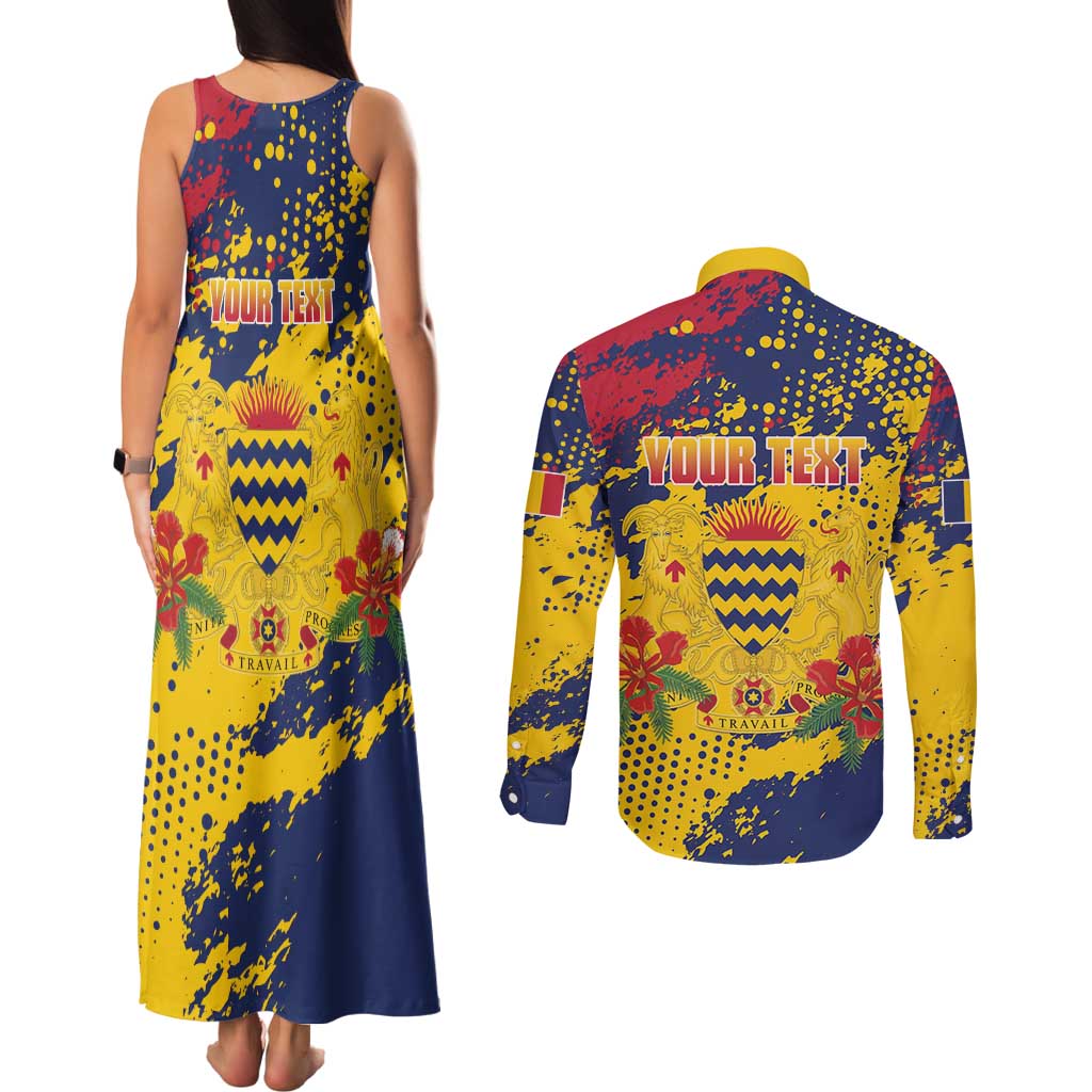 Personalized Chad Republic Day Couples Matching Tank Maxi Dress and Long Sleeve Button Shirt Coat Of Arms - Grunge Style - Wonder Print Shop