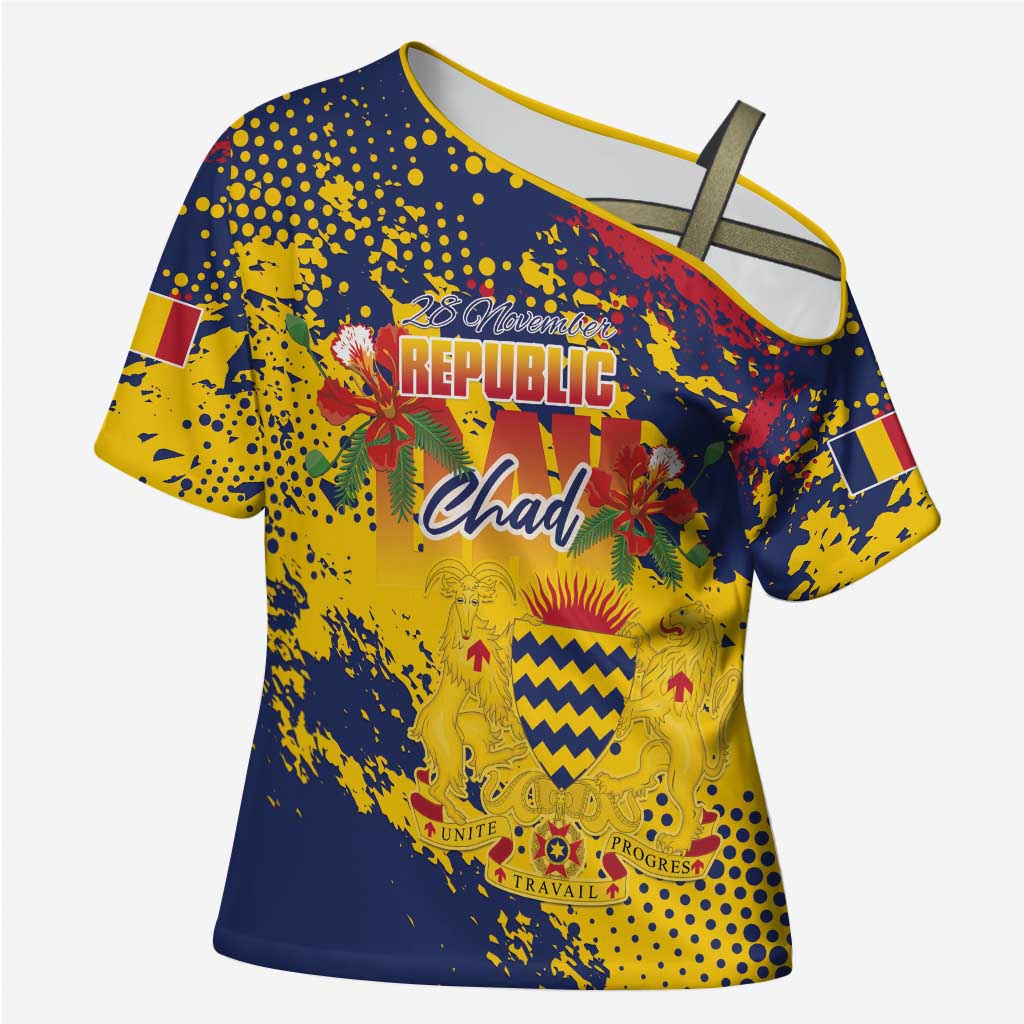 Personalized Chad Republic Day Cross Shoulder Shirt Coat Of Arms - Grunge Style - Wonder Print Shop