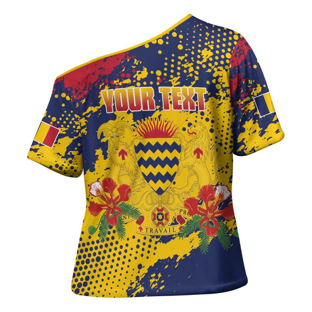 Personalized Chad Republic Day Cross Shoulder Shirt Coat Of Arms - Grunge Style - Wonder Print Shop