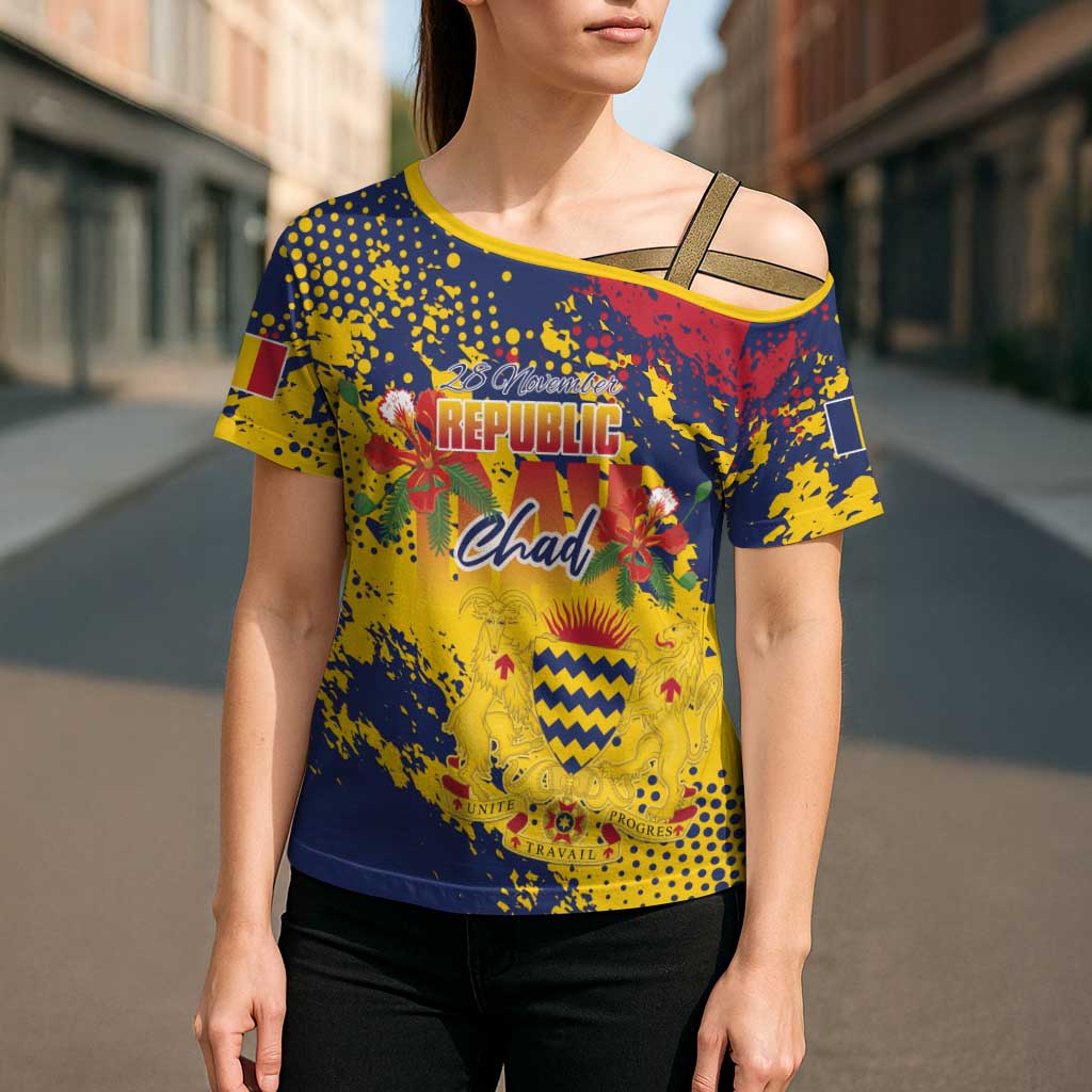 Personalized Chad Republic Day Cross Shoulder Shirt Coat Of Arms - Grunge Style - Wonder Print Shop