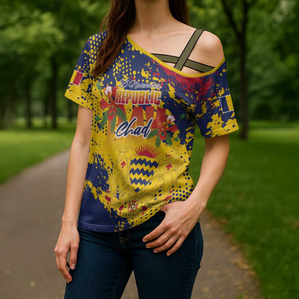 Personalized Chad Republic Day Cross Shoulder Shirt Coat Of Arms - Grunge Style - Wonder Print Shop