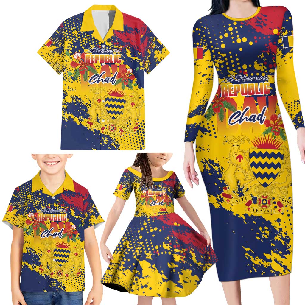 Personalized Chad Republic Day Family Matching Long Sleeve Bodycon Dress and Hawaiian Shirt Coat Of Arms - Grunge Style - Wonder Print Shop