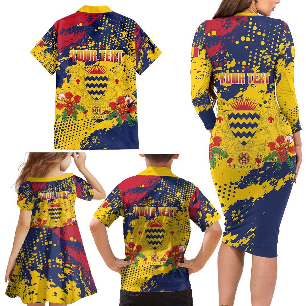 Personalized Chad Republic Day Family Matching Long Sleeve Bodycon Dress and Hawaiian Shirt Coat Of Arms - Grunge Style - Wonder Print Shop