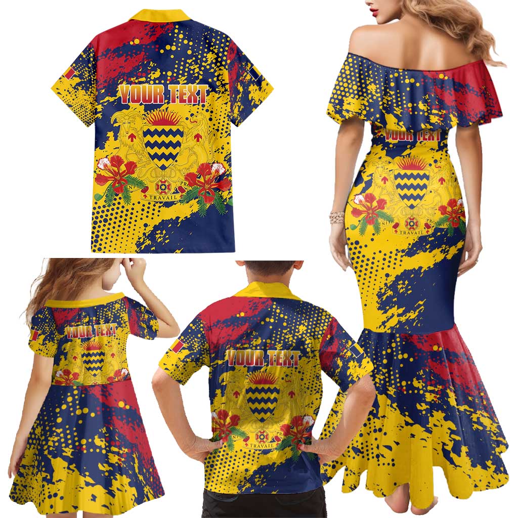 Personalized Chad Republic Day Family Matching Mermaid Dress and Hawaiian Shirt Coat Of Arms - Grunge Style - Wonder Print Shop