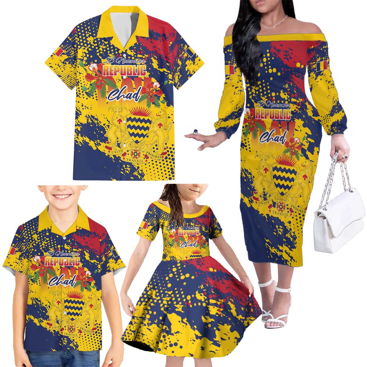 Personalized Chad Republic Day Family Matching Off The Shoulder Long Sleeve Dress and Hawaiian Shirt Coat Of Arms - Grunge Style - Wonder Print Shop