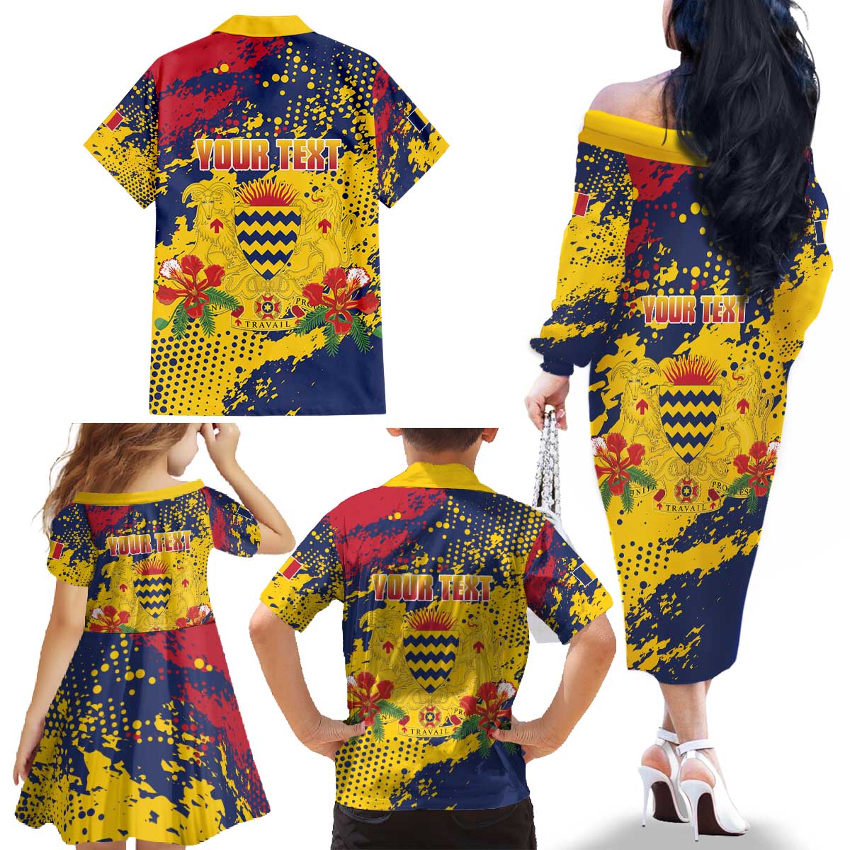 Personalized Chad Republic Day Family Matching Off The Shoulder Long Sleeve Dress and Hawaiian Shirt Coat Of Arms - Grunge Style - Wonder Print Shop