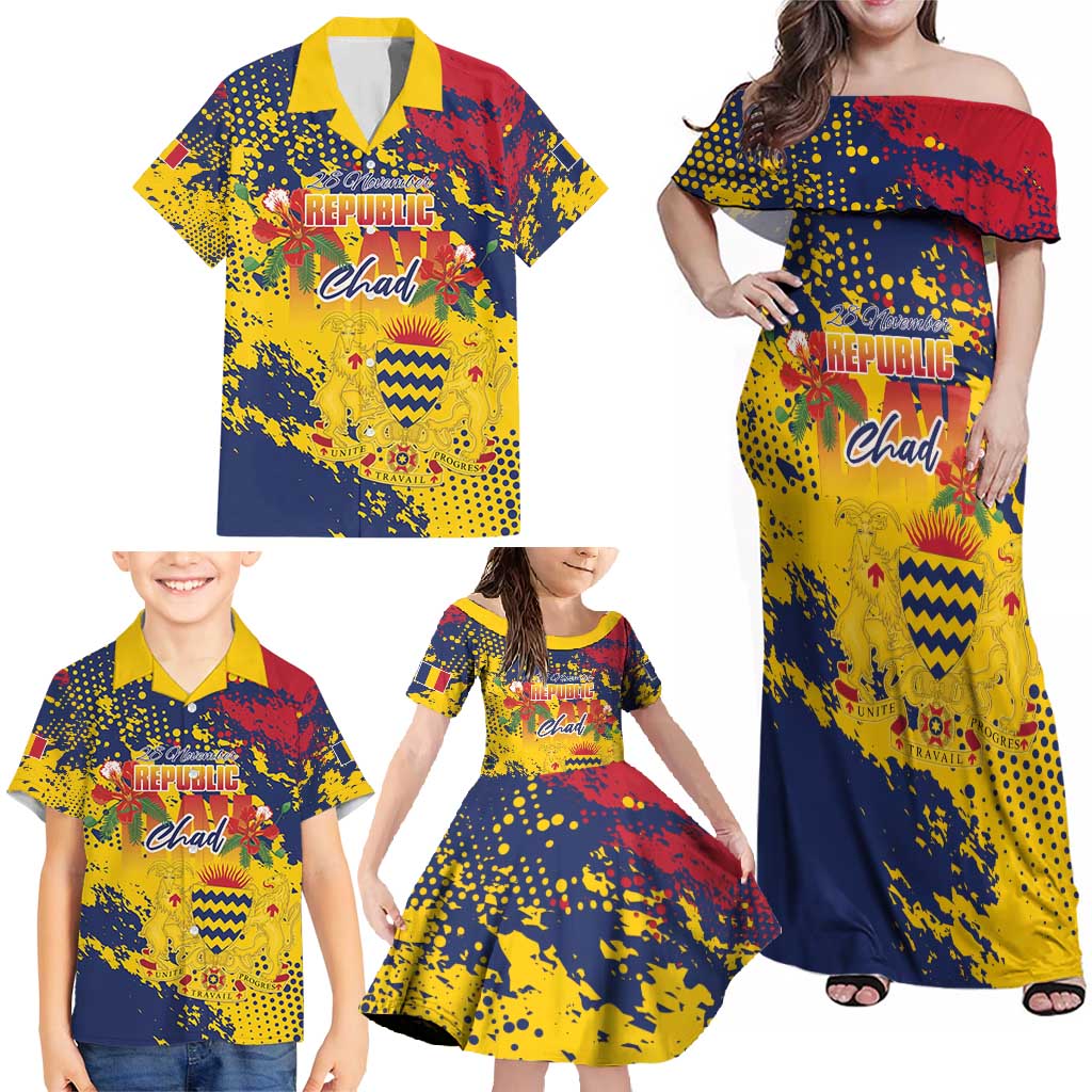 Personalized Chad Republic Day Family Matching Off Shoulder Maxi Dress and Hawaiian Shirt Coat Of Arms - Grunge Style - Wonder Print Shop