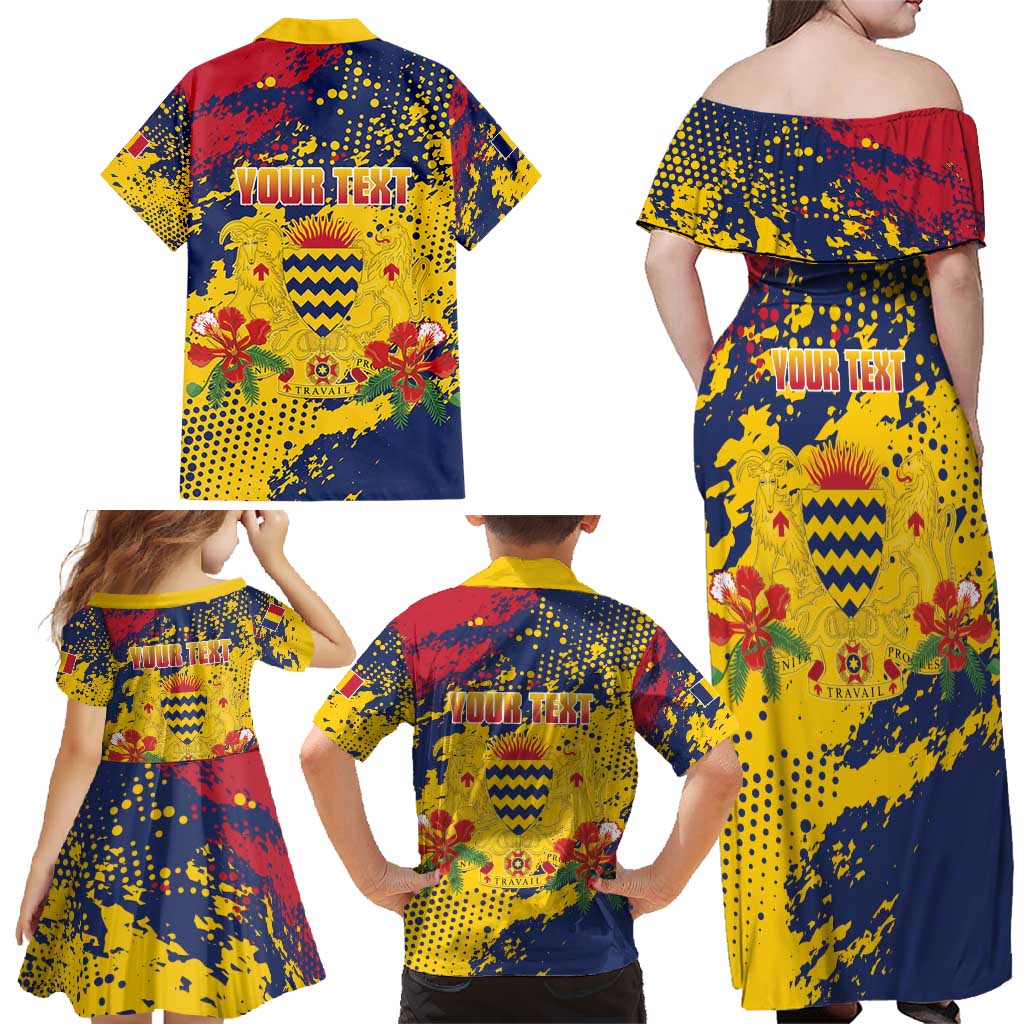 Personalized Chad Republic Day Family Matching Off Shoulder Maxi Dress and Hawaiian Shirt Coat Of Arms - Grunge Style - Wonder Print Shop