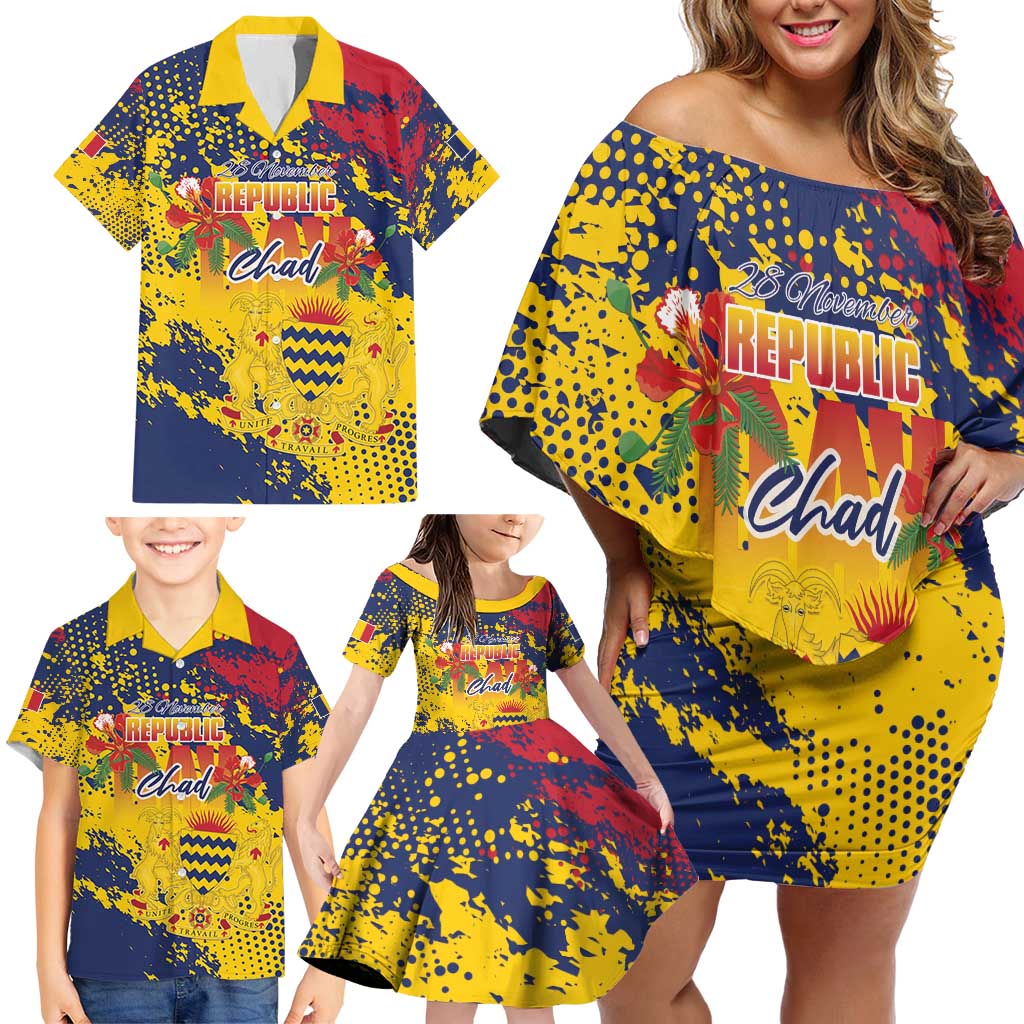 Personalized Chad Republic Day Family Matching Off Shoulder Short Dress and Hawaiian Shirt Coat Of Arms - Grunge Style - Wonder Print Shop
