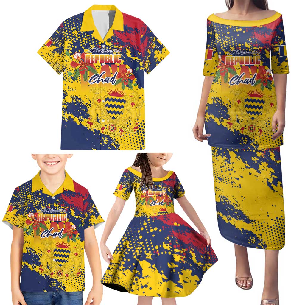 Personalized Chad Republic Day Family Matching Puletasi and Hawaiian Shirt Coat Of Arms - Grunge Style - Wonder Print Shop