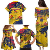 Personalized Chad Republic Day Family Matching Puletasi and Hawaiian Shirt Coat Of Arms - Grunge Style - Wonder Print Shop