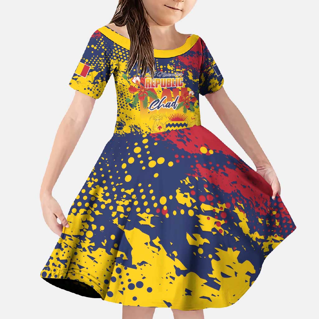 Personalized Chad Republic Day Family Matching Short Sleeve Bodycon Dress and Hawaiian Shirt Coat Of Arms - Grunge Style - Wonder Print Shop