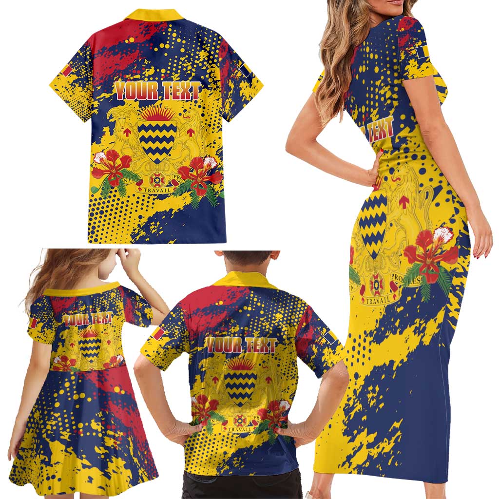 Personalized Chad Republic Day Family Matching Short Sleeve Bodycon Dress and Hawaiian Shirt Coat Of Arms - Grunge Style - Wonder Print Shop