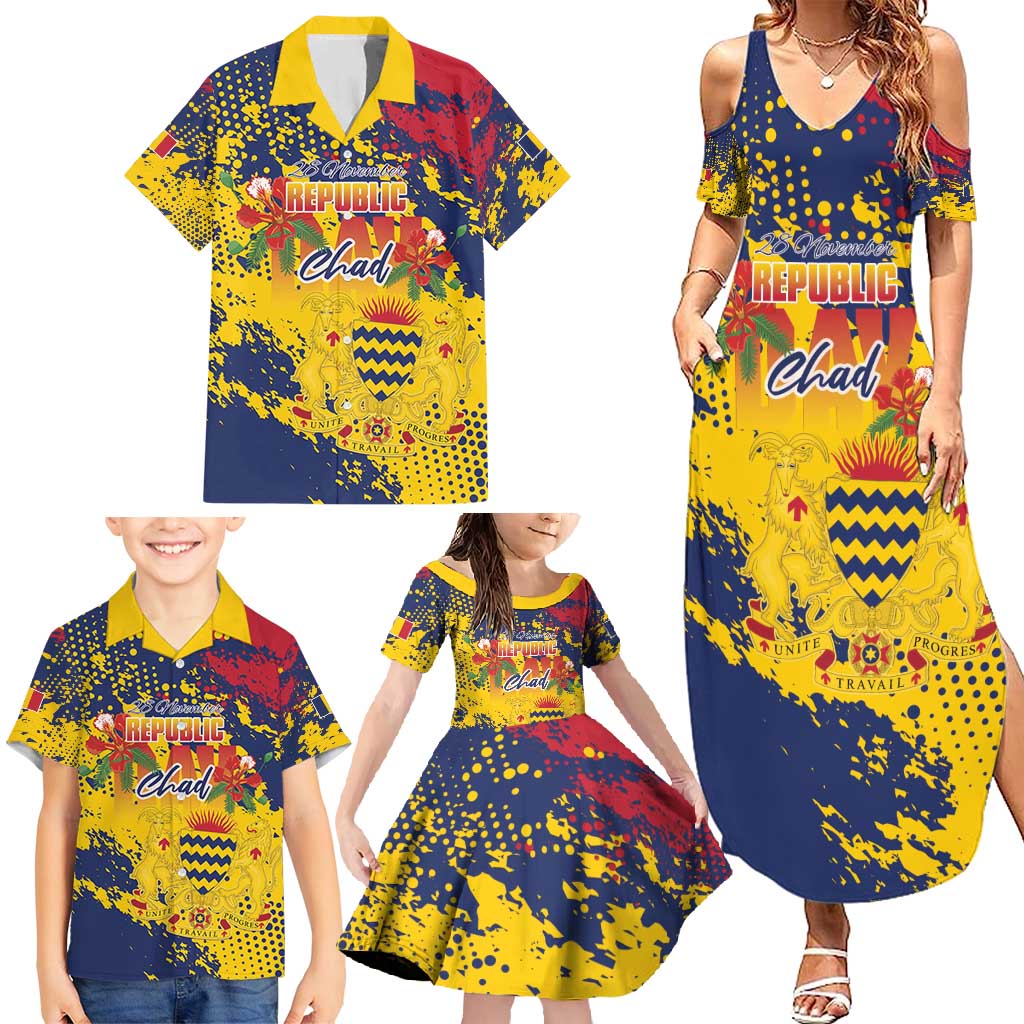 Personalized Chad Republic Day Family Matching Summer Maxi Dress and Hawaiian Shirt Coat Of Arms - Grunge Style - Wonder Print Shop