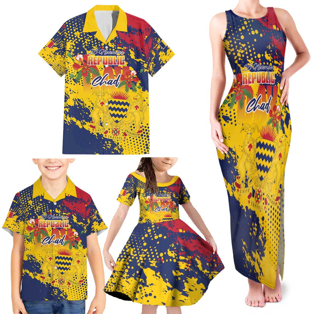 Personalized Chad Republic Day Family Matching Tank Maxi Dress and Hawaiian Shirt Coat Of Arms - Grunge Style - Wonder Print Shop