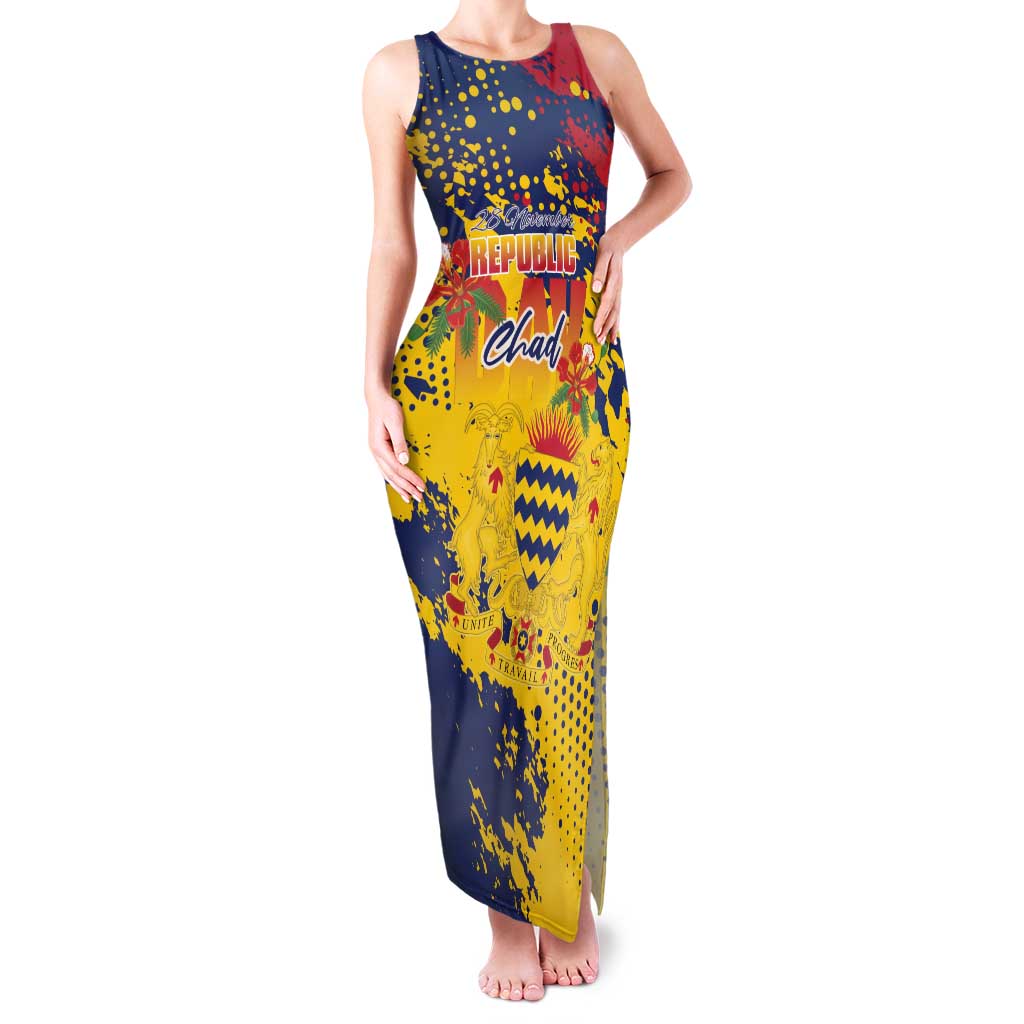 Personalized Chad Republic Day Family Matching Tank Maxi Dress and Hawaiian Shirt Coat Of Arms - Grunge Style - Wonder Print Shop