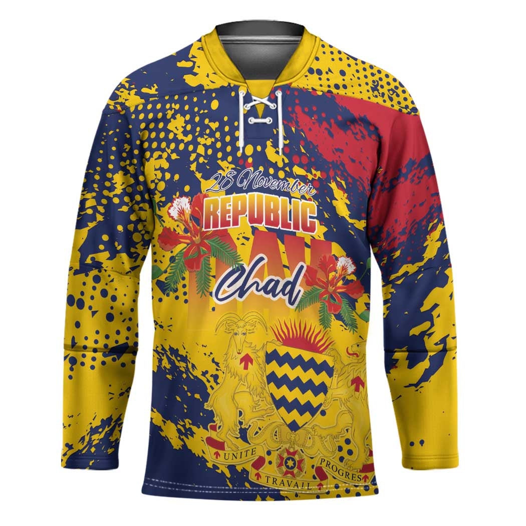 Personalized Chad Republic Day Hockey Jersey Coat Of Arms - Grunge Style - Wonder Print Shop
