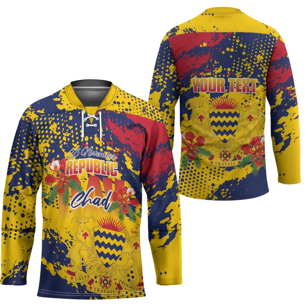 Personalized Chad Republic Day Hockey Jersey Coat Of Arms - Grunge Style - Wonder Print Shop
