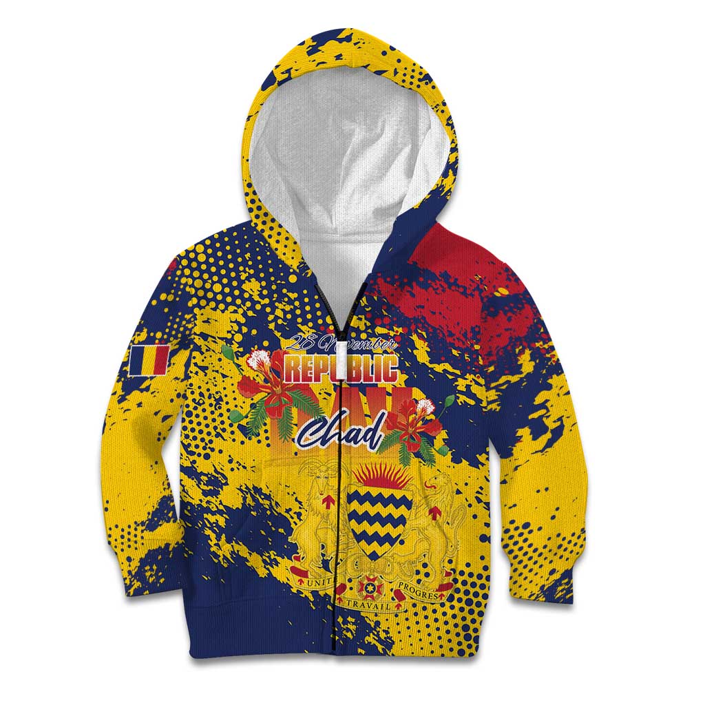 Personalized Chad Republic Day Kid Hoodie Coat Of Arms - Grunge Style - Wonder Print Shop