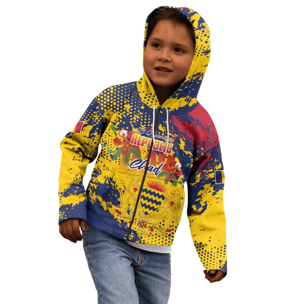 Personalized Chad Republic Day Kid Hoodie Coat Of Arms - Grunge Style - Wonder Print Shop
