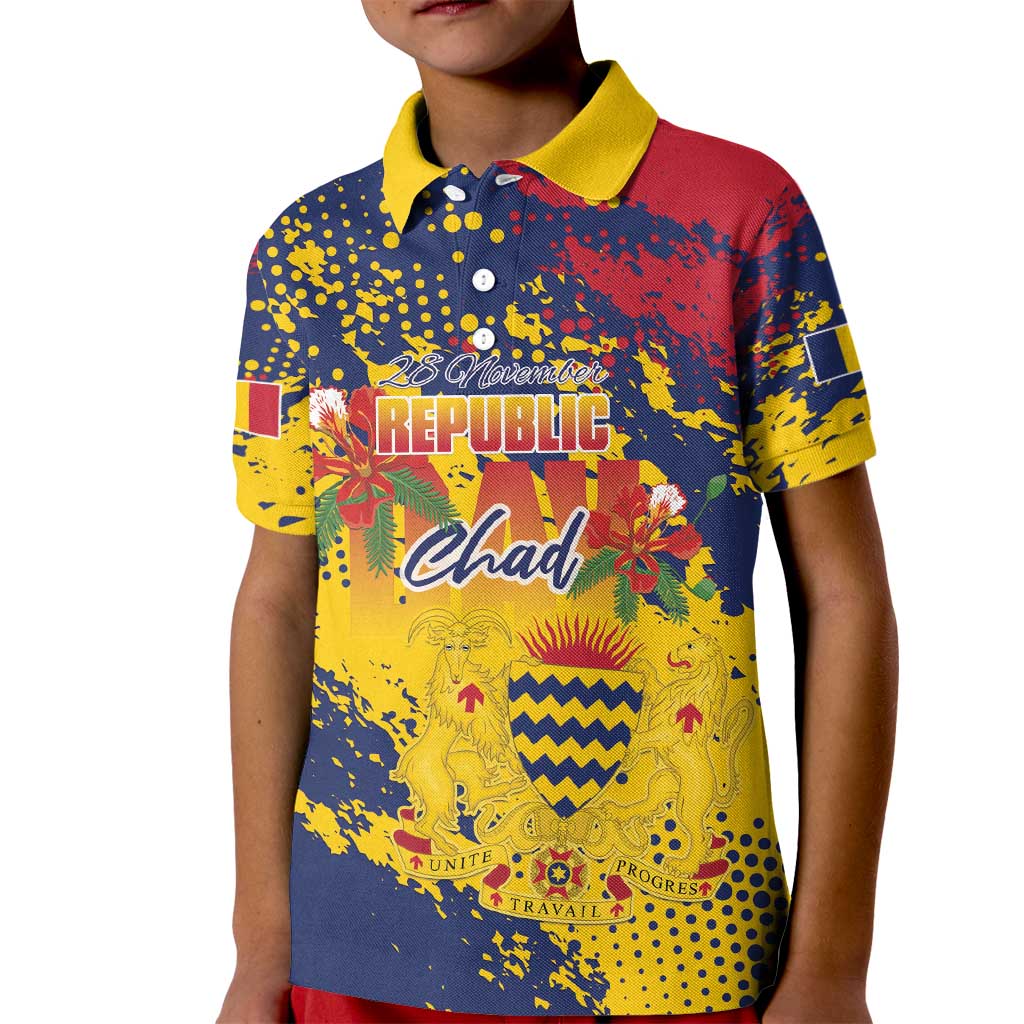 Personalized Chad Republic Day Kid Polo Shirt Coat Of Arms - Grunge Style - Wonder Print Shop