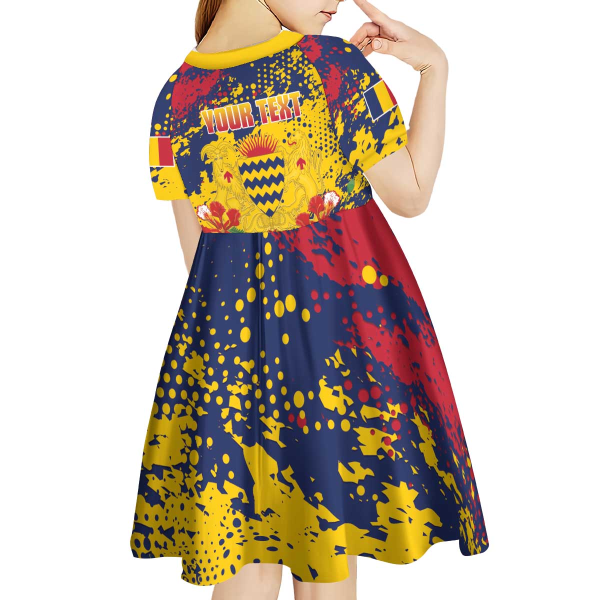 Personalized Chad Republic Day Kid Short Sleeve Dress Coat Of Arms - Grunge Style - Wonder Print Shop