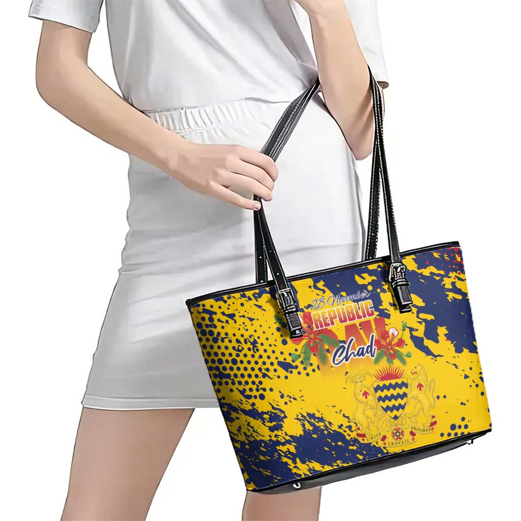 Chad Republic Day Leather Tote Bag Coat Of Arms - Grunge Style - Wonder Print Shop