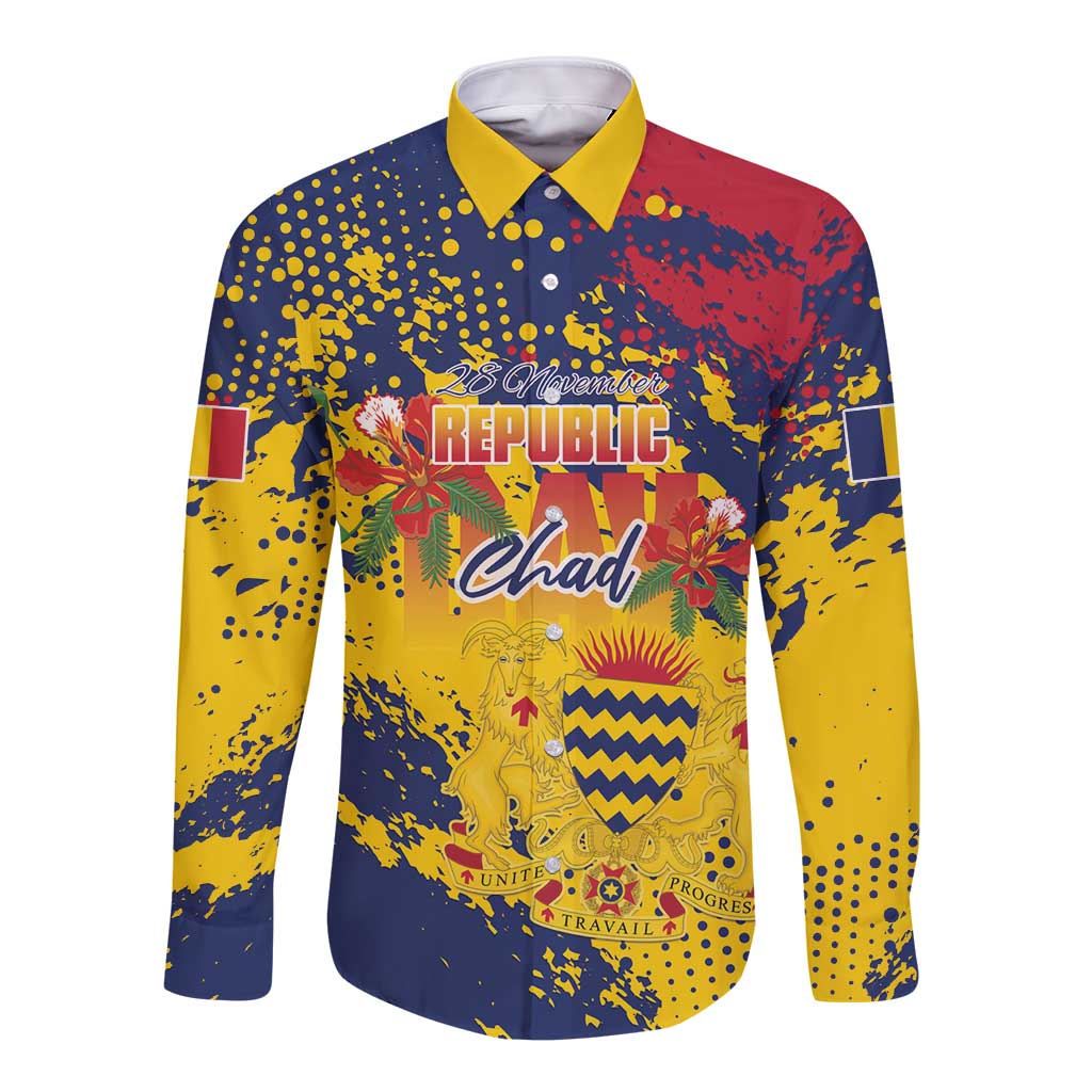 Personalized Chad Republic Day Long Sleeve Button Shirt Coat Of Arms - Grunge Style - Wonder Print Shop