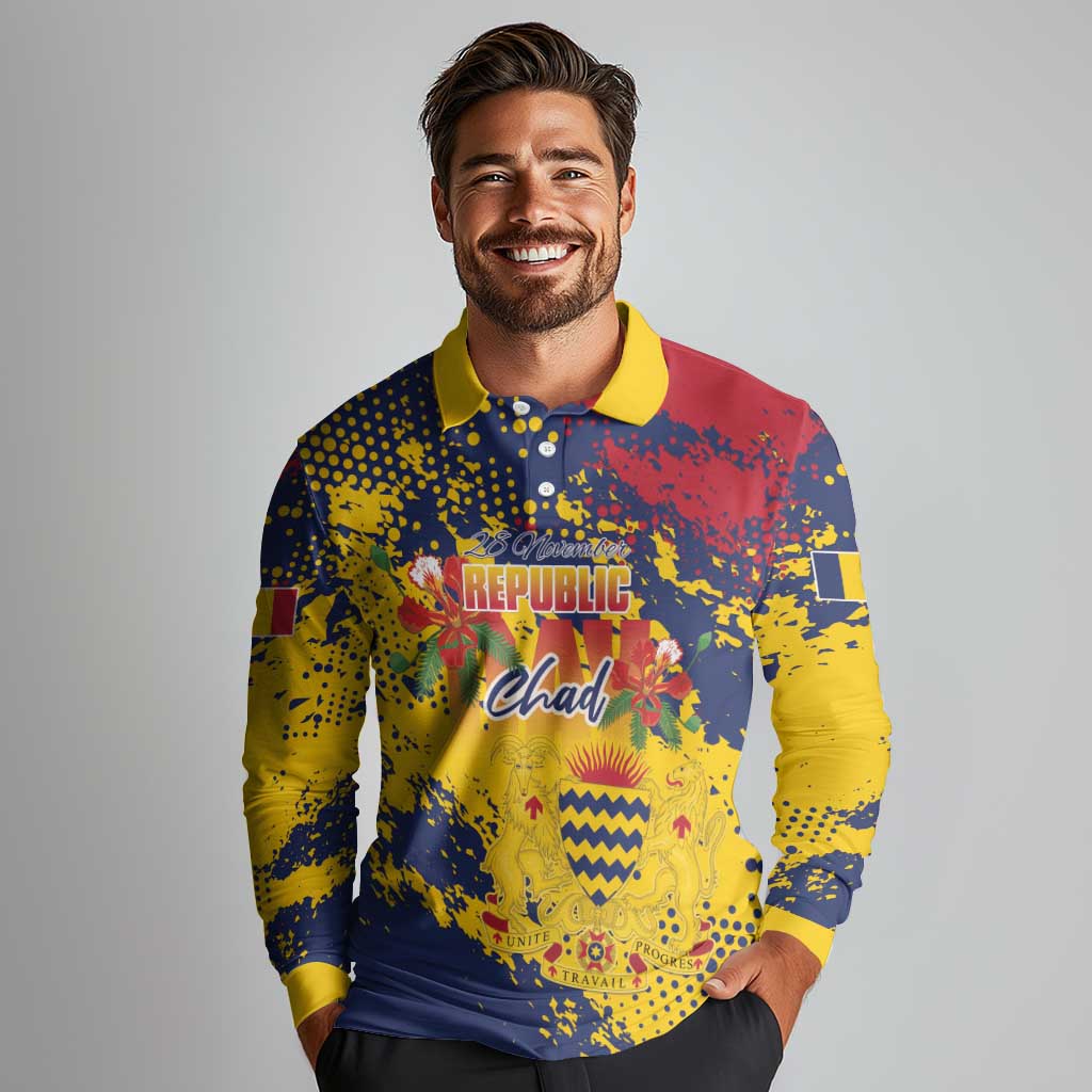 Personalized Chad Republic Day Long Sleeve Polo Shirt Coat Of Arms - Grunge Style - Wonder Print Shop