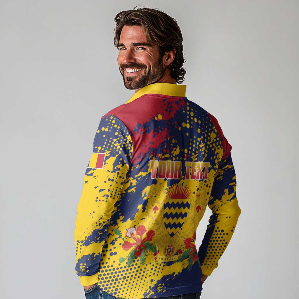 Personalized Chad Republic Day Long Sleeve Polo Shirt Coat Of Arms - Grunge Style - Wonder Print Shop
