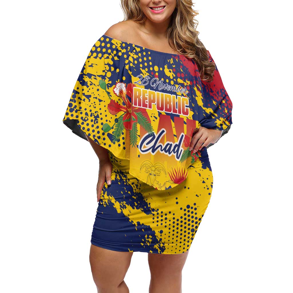 Personalized Chad Republic Day Off Shoulder Short Dress Coat Of Arms - Grunge Style - Wonder Print Shop
