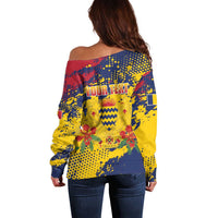 Personalized Chad Republic Day Off Shoulder Sweater Coat Of Arms - Grunge Style - Wonder Print Shop