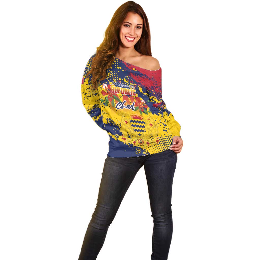 Personalized Chad Republic Day Off Shoulder Sweater Coat Of Arms - Grunge Style - Wonder Print Shop