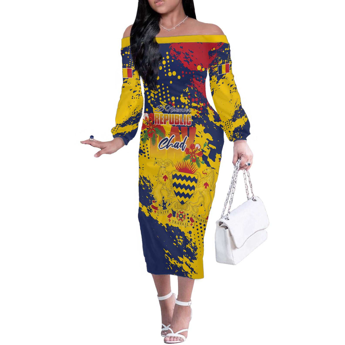 Personalized Chad Republic Day Off The Shoulder Long Sleeve Dress Coat Of Arms - Grunge Style - Wonder Print Shop