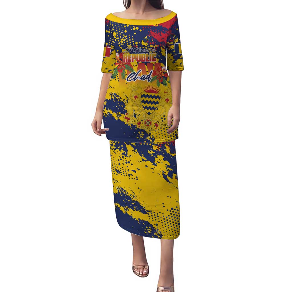 Personalized Chad Republic Day Puletasi Coat Of Arms - Grunge Style - Wonder Print Shop