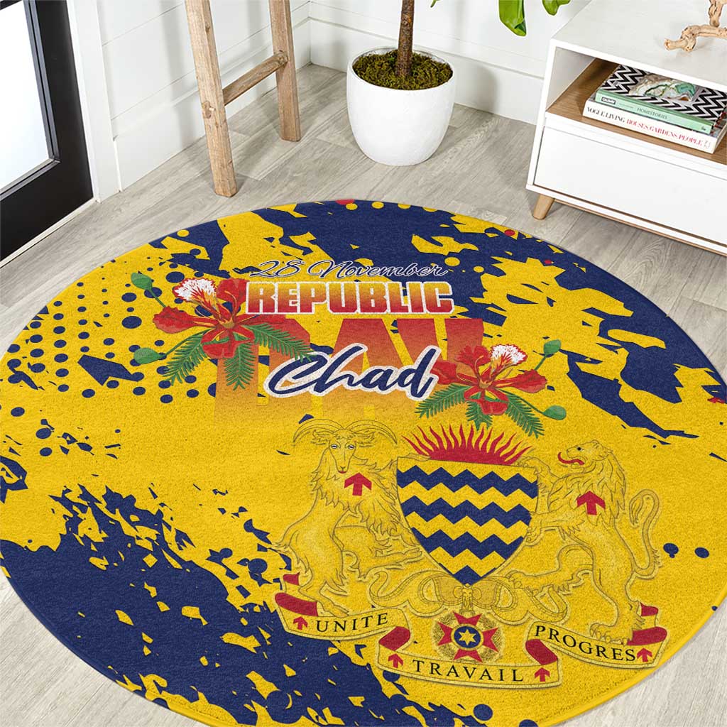 Chad Republic Day Round Carpet Coat Of Arms - Grunge Style - Wonder Print Shop