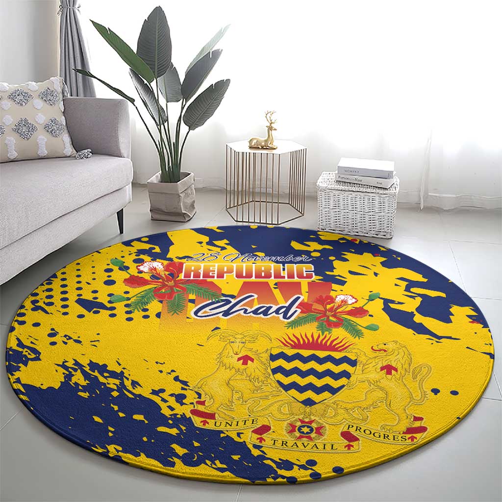 Chad Republic Day Round Carpet Coat Of Arms - Grunge Style - Wonder Print Shop