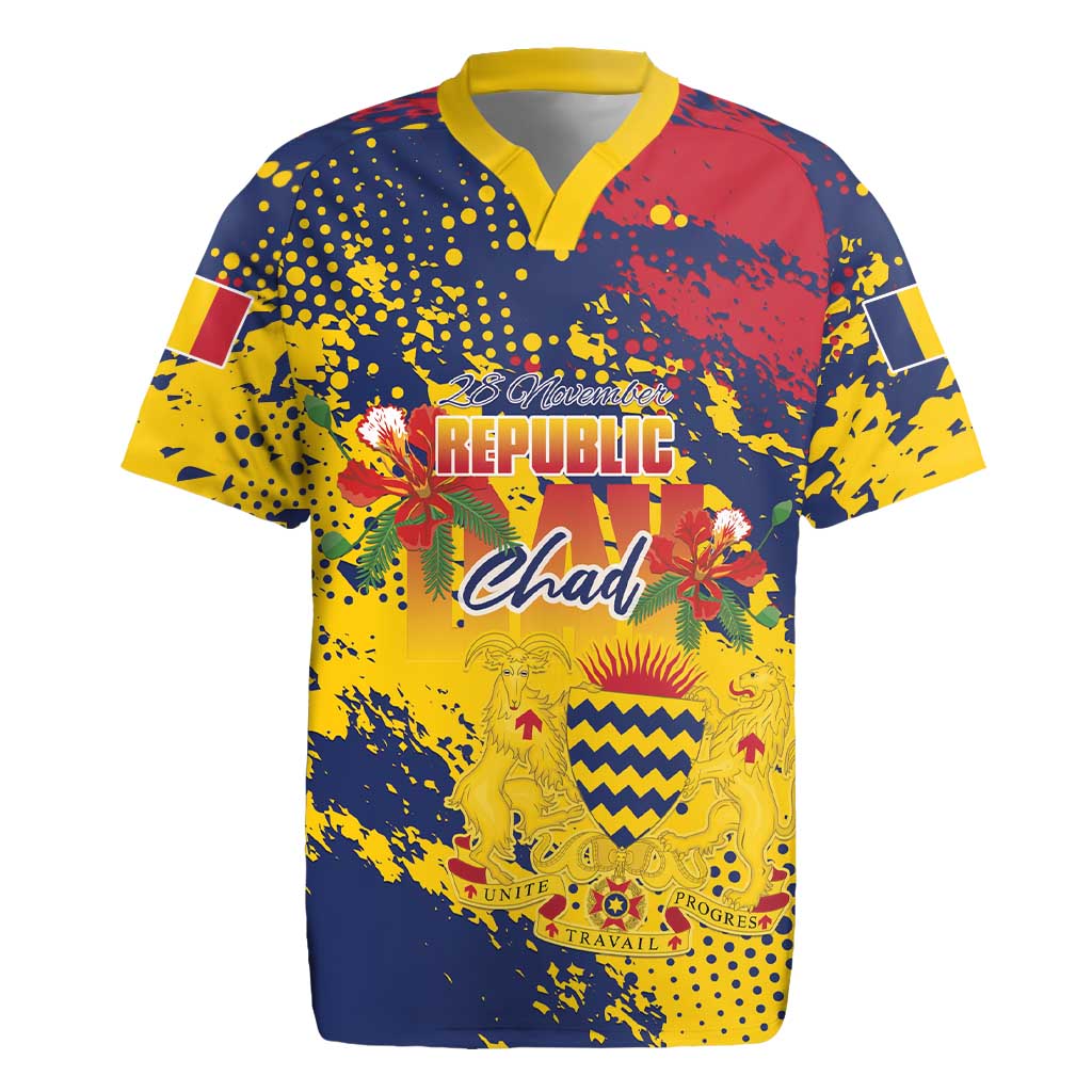 Personalized Chad Republic Day Rugby Jersey Coat Of Arms - Grunge Style - Wonder Print Shop