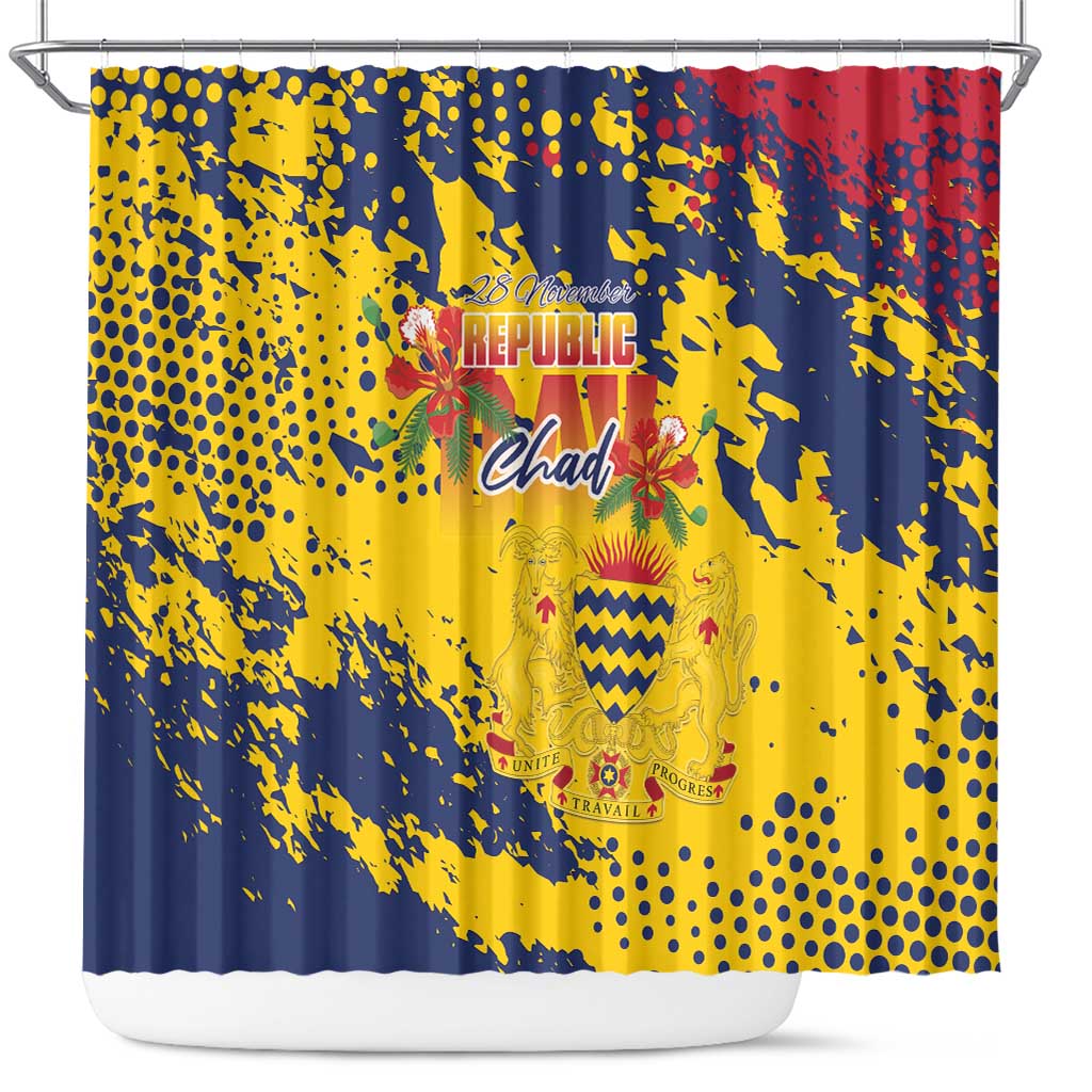 Chad Republic Day Shower Curtain Coat Of Arms - Grunge Style - Wonder Print Shop