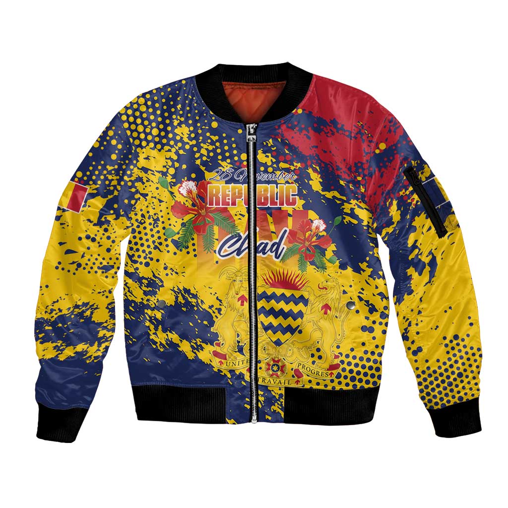 Personalized Chad Republic Day Sleeve Zip Bomber Jacket Coat Of Arms - Grunge Style - Wonder Print Shop