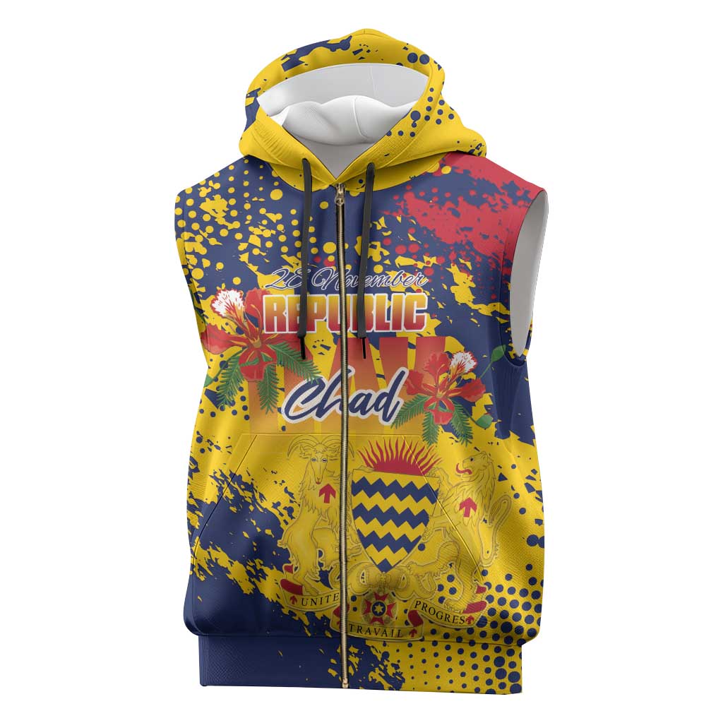 Personalized Chad Republic Day Sleeveless Zip Hoodie Coat Of Arms - Grunge Style - Wonder Print Shop